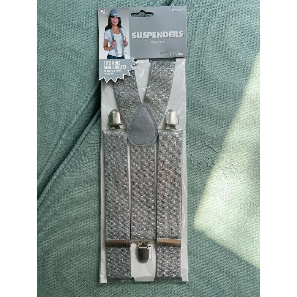Silver Glitter Y-Back Suspenders Unisex Clip-On Braces